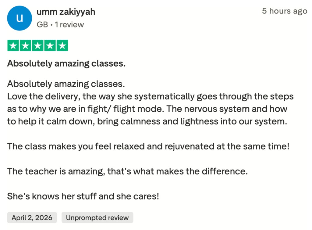 Trustpilot 5-star review from umm zakiyyah - Absolutely amazing classes